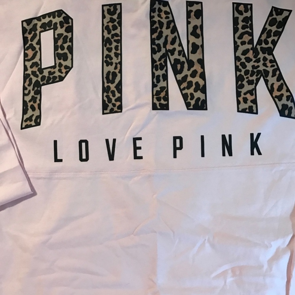 VS PINK Small Varsity pullover in a light pink, with Cheetah PINK on back. HTF